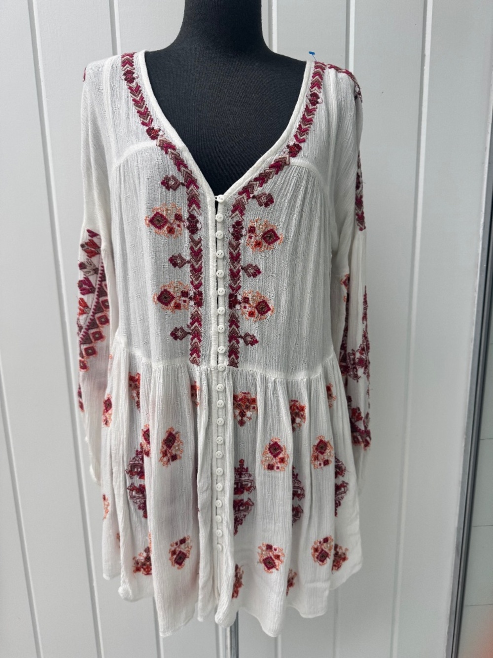 FREE PEOPLE WHITE OVERSIZED BOHO EMBROIDERED MINI DRESS TUNIC X SMALL